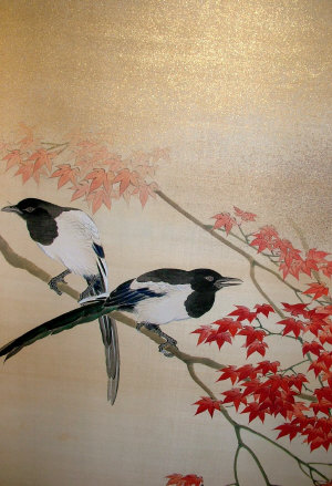 A 20th century Japanese six fold screen painted with birds