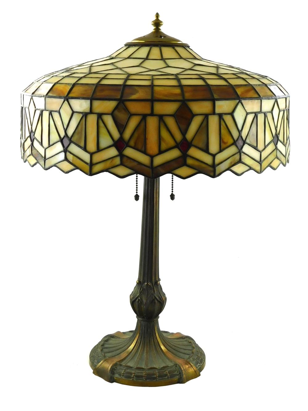 Handel shade table lamp signed leaded slag glass shade with