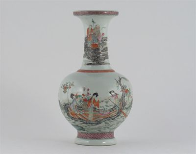 A Chinese famille rose ovoid vase with tall flaring neck