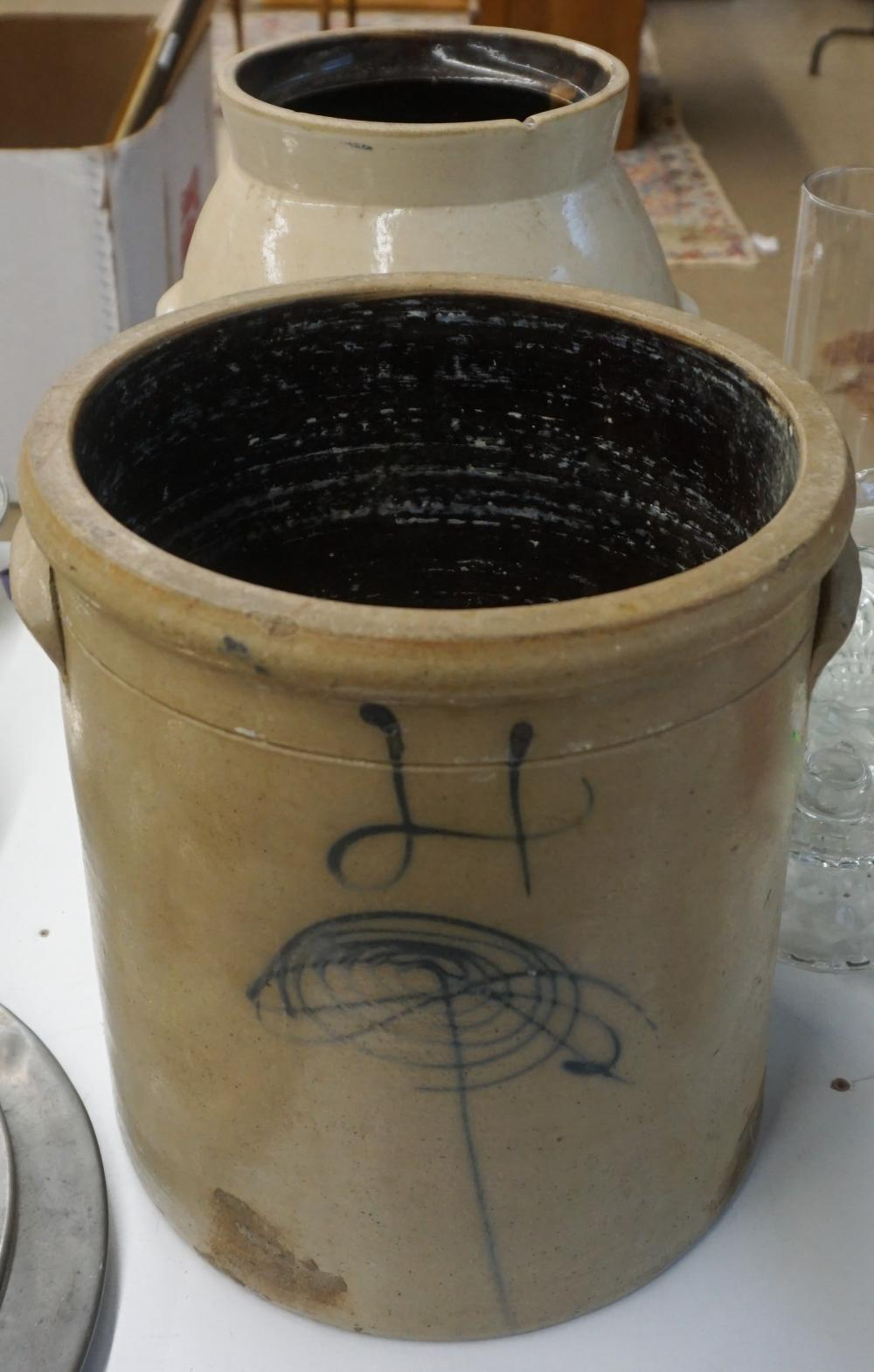 AMERICAN SALT GLAZE FOUR GALLON CROCK AND A GLAZED POTTERY
