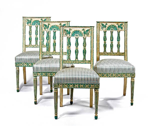 A set of four Swedish Neoclassical paint decorated side chairs