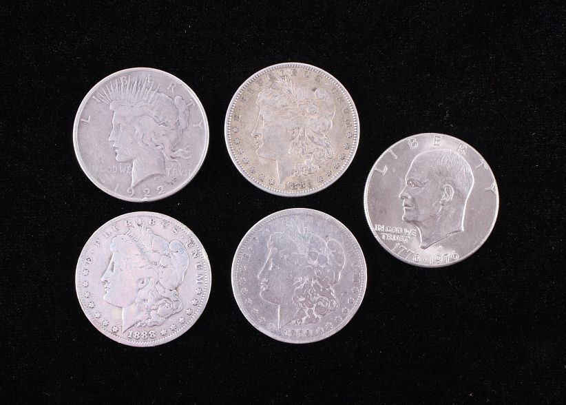 Four Morgan and One Eisenhower Silver Dollar Coins Included in