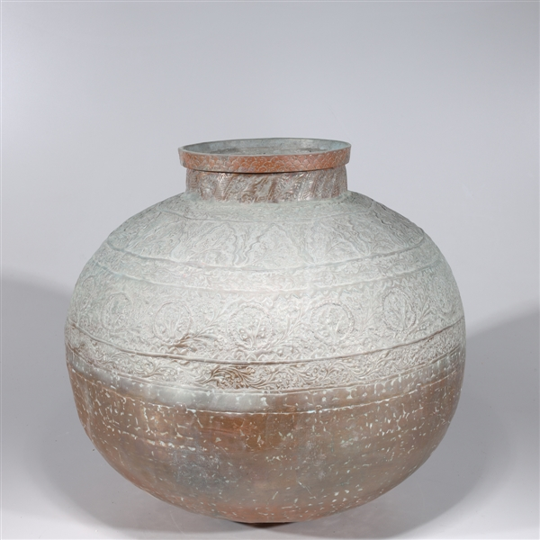Large Elaborate Antique Indian Planter with insised designs on hammered