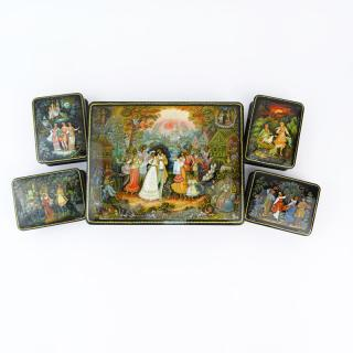 Collection of Five 5 Russian Lacquered Boxes Collection of Five