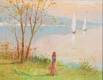 Manol 20th Century Landscape with a figure by a lake
