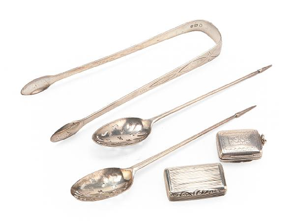 A group of silver flatware and two vinaigrettes comprising 5