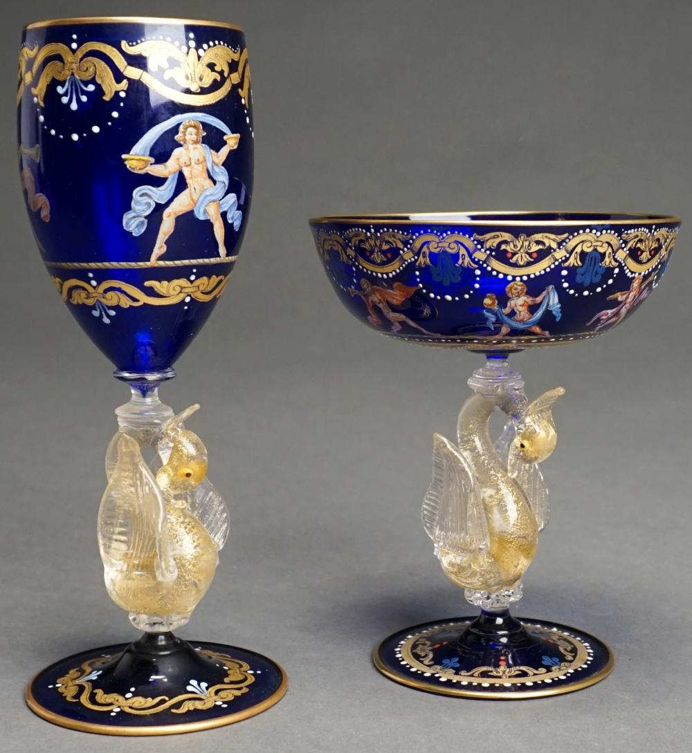 Venetian Possibly Murano Speckled Gilt Swan Form Stem Cobalt and