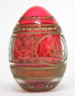 Bohemian Gilt Cut Glass Egg Blown cranberry red glass monogrammed