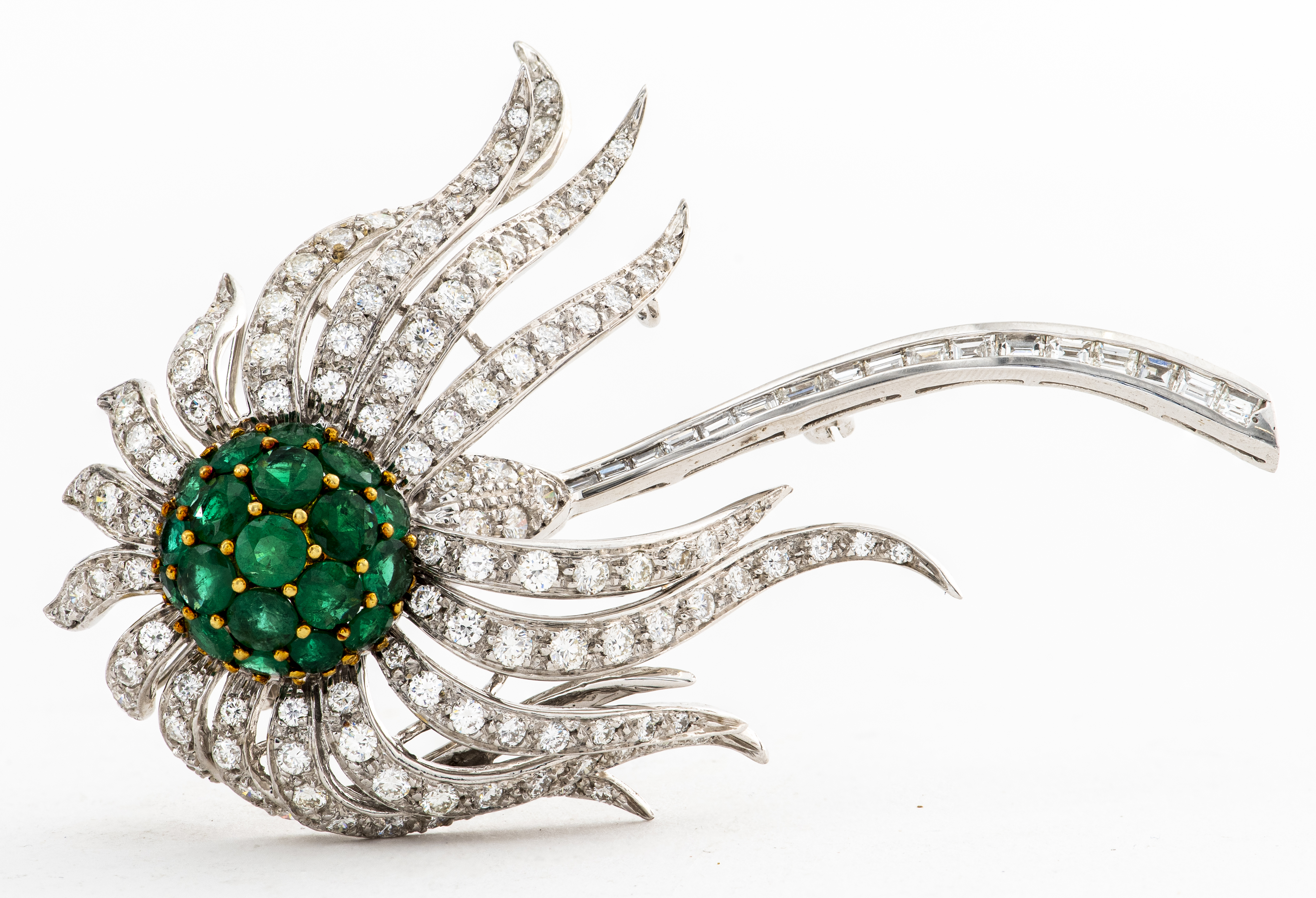 14K WHITE GOLD DIAMOND EMERALD FLOWER BROOCH Estate 14K white