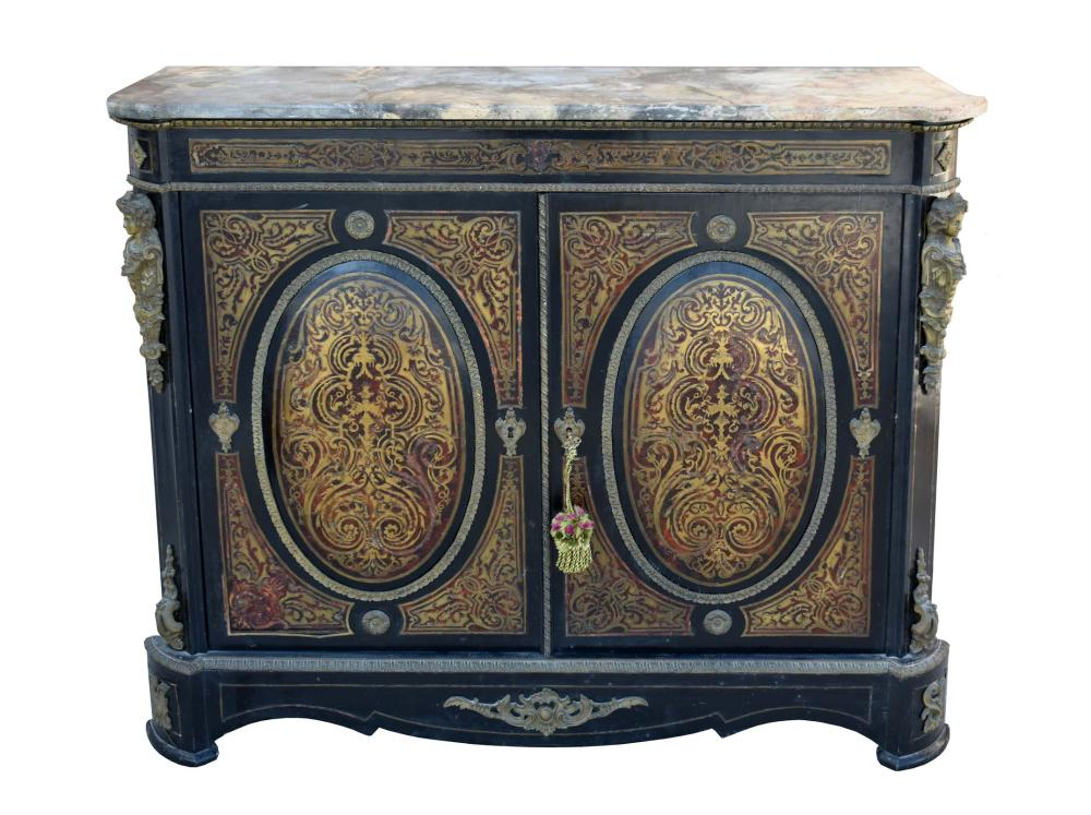 NAPOLEAN III MARBLE TOP BOULLE MARQUETRY CABINETCirca 1870 The salmon