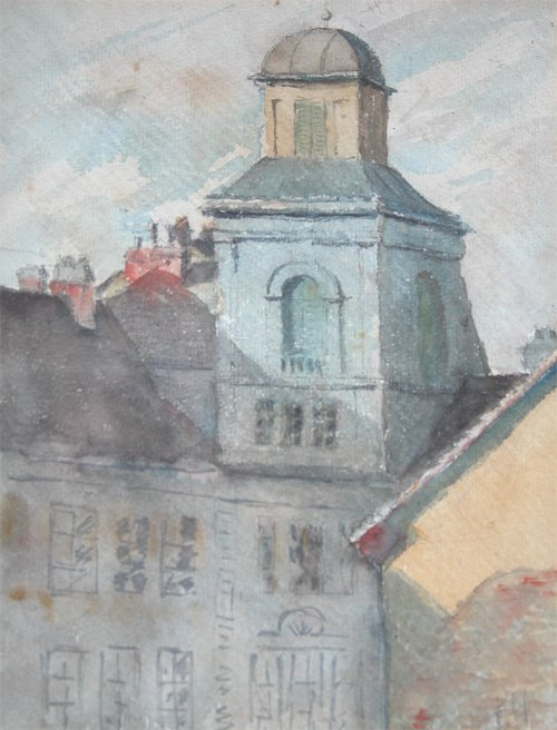 Colorful Hearth and Rooftops Artist 20th Century Watercolor School O