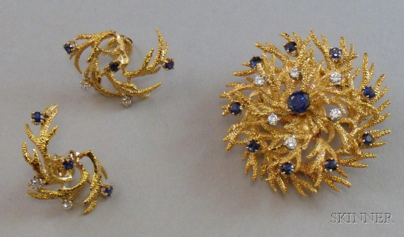 14kt Gold Sapphire and Diamond Suite probably Continental c 1960s