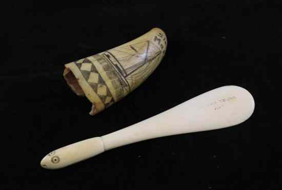 A Tasmanian scrimshaw whale tooth decorated with the Sloop Maria
