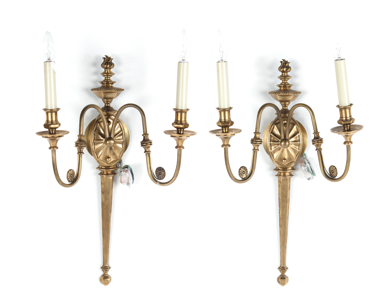 Pair of Regency style brass two light wall sconces electrified