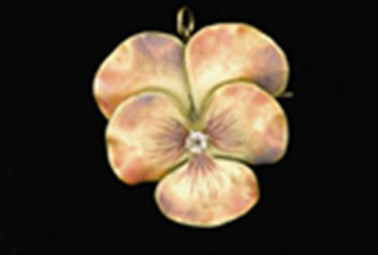 Gold and iridescent enamel pansy pin early 20th century Pink