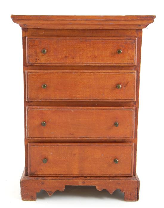19th C American Chippendale form miniature tall chest maple and