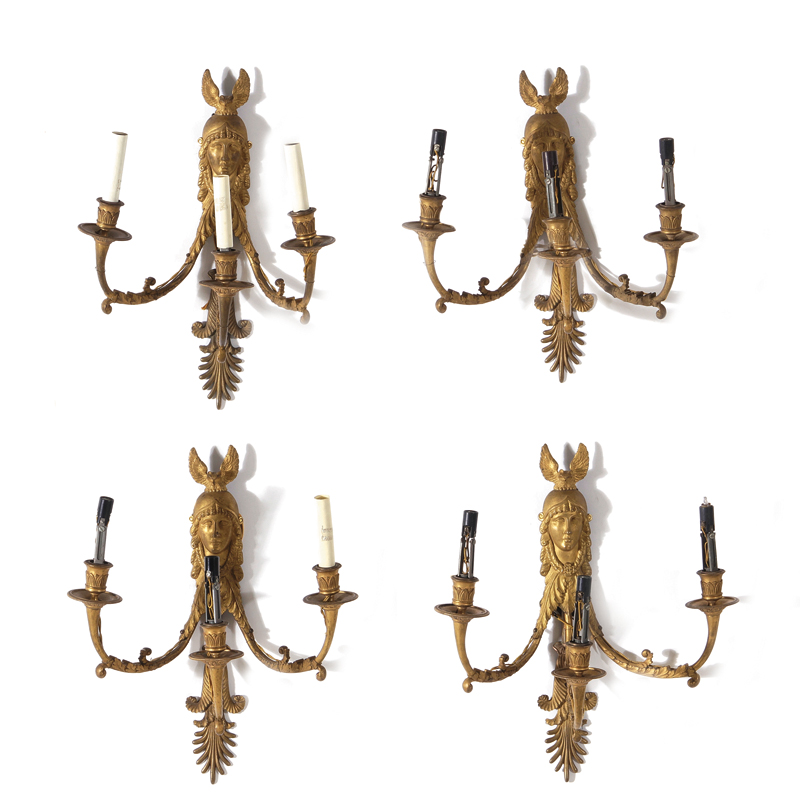 French Empire gilt bronze three light wall applique set 19th