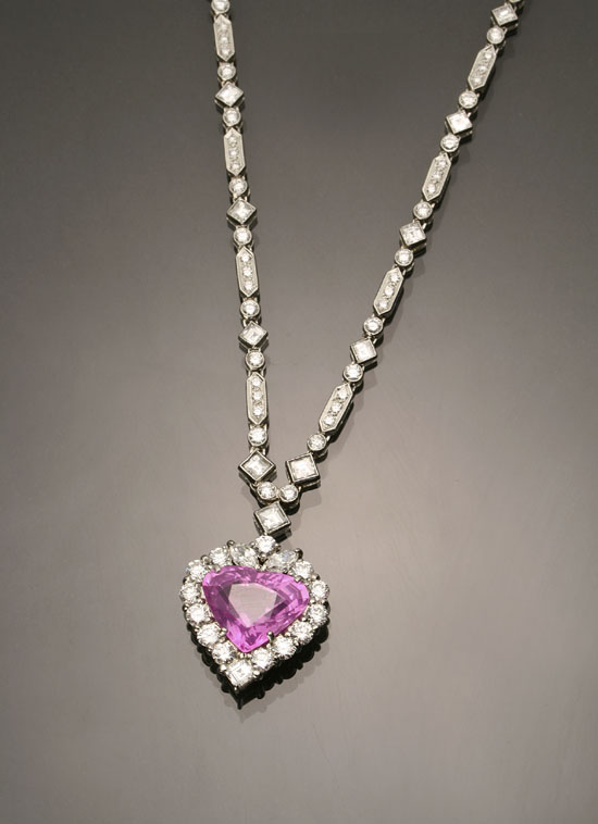 Choker Length Platinum Diamond and Pink Sapphire Necklace Set with