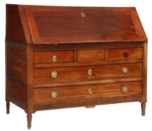 French Louis XVI style mahogany bureau 19th c dentil trim