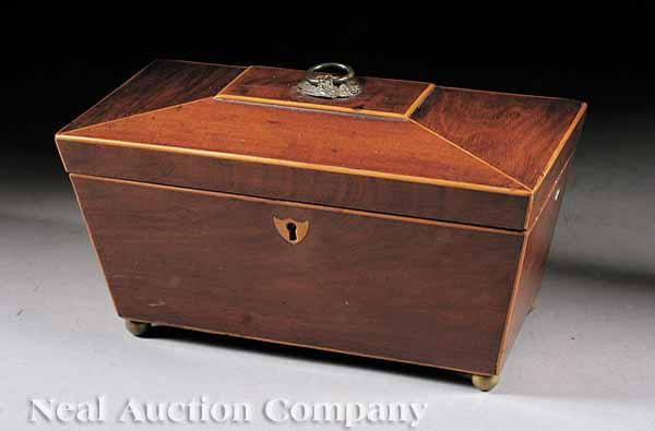 A Late George III Inlaid Mahogany Sarcophagus Form Tea Caddy