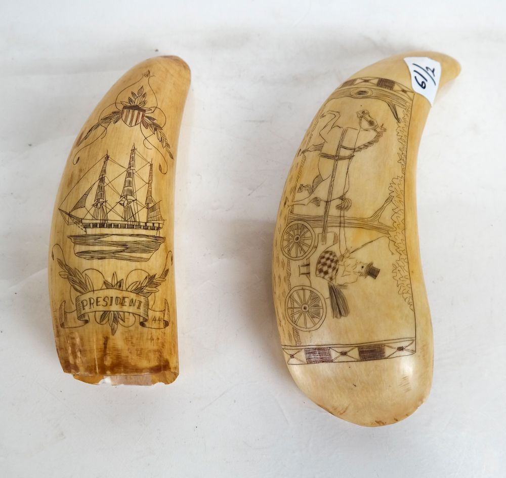 Two Scrimshaw Tooth Carvings 1 One depicting the President three