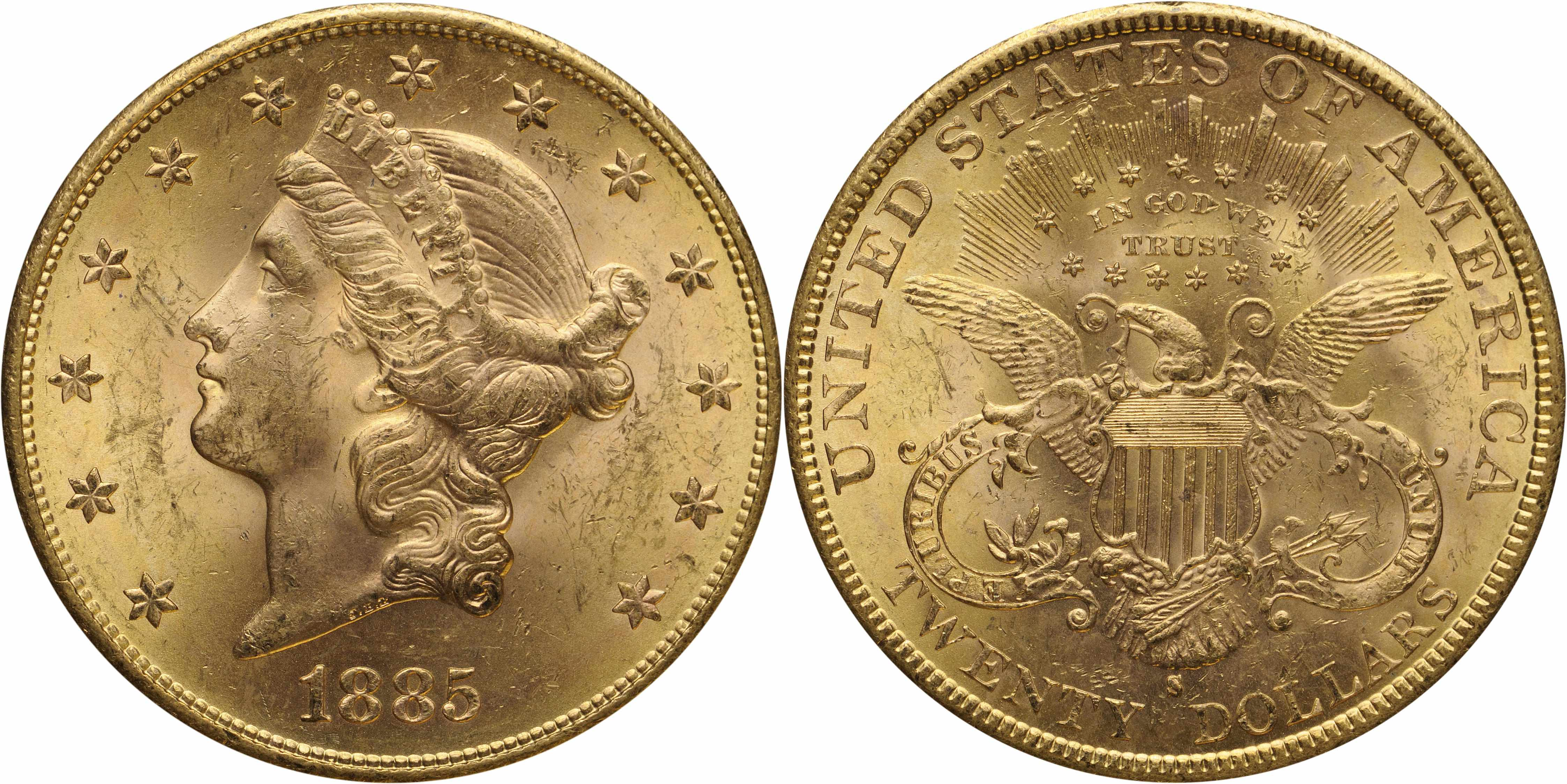 1885 S 20 Lovely green gold color lightly envelops both