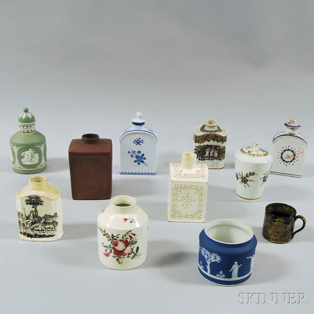 Ten English Tea Caddies and a Cup 18th 19th century