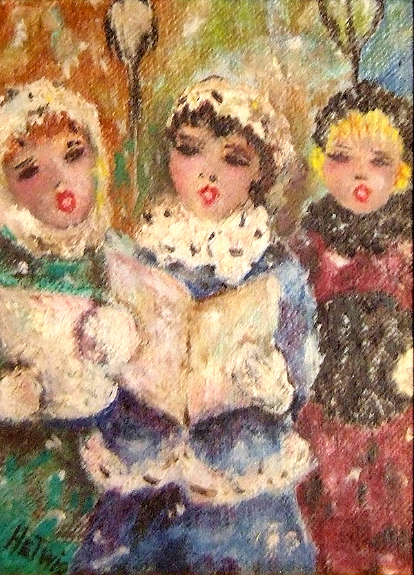 Hetwig American 20th century Christmas Carolers oil board 5 5