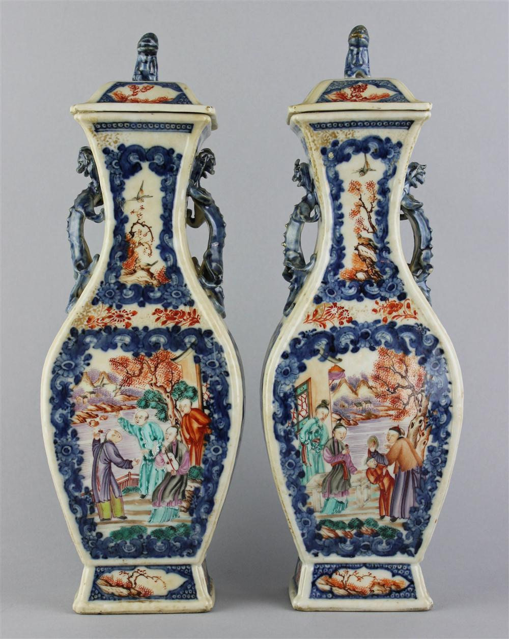PAIR OF CHINESE EXPORT FLAT BALUSTER VASES AND COVERS 18TH