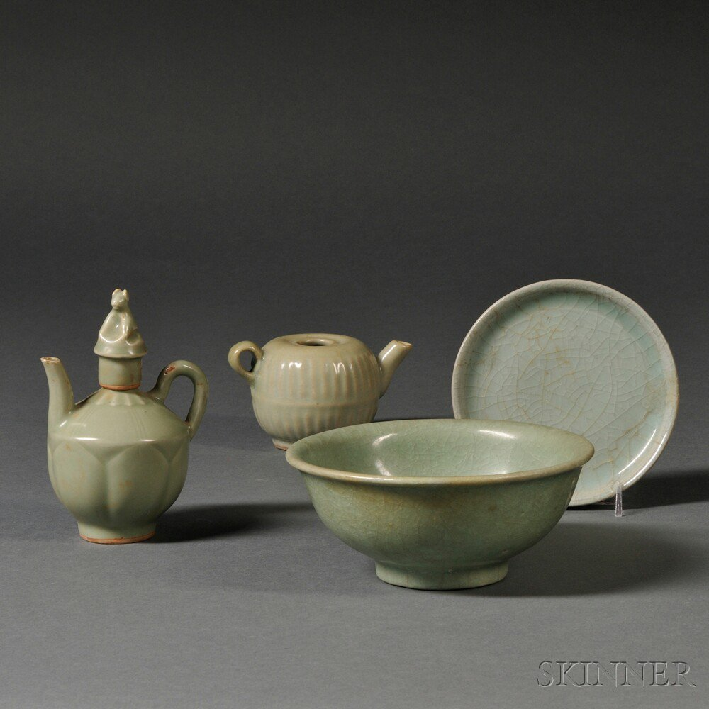 Four Celadon Items China including small ewer with animal shaped