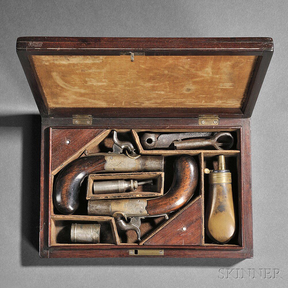 Cased Percussion Boxlock Pistols c mid 19th century walnut grips