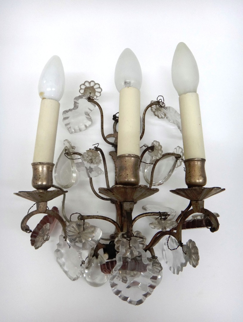 A pair of Italian silvered metal and glass twin branch