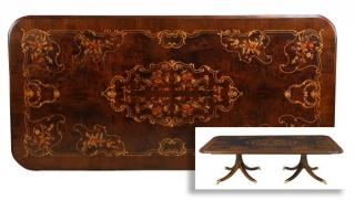 Handcrafted Italian marquetry inlaid pedestal table Handcrafted Italian burl walnut