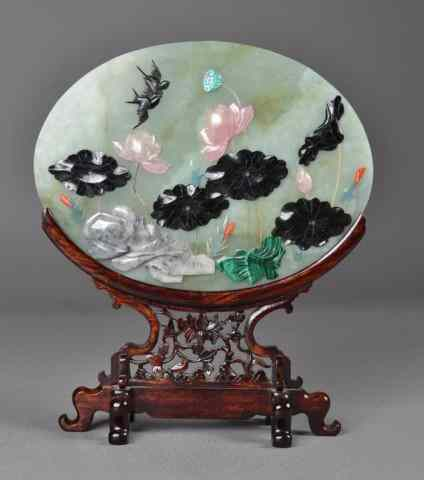 Chinese Jade Hardstone Plaque on StandAfinely carved oval plaque inlaid