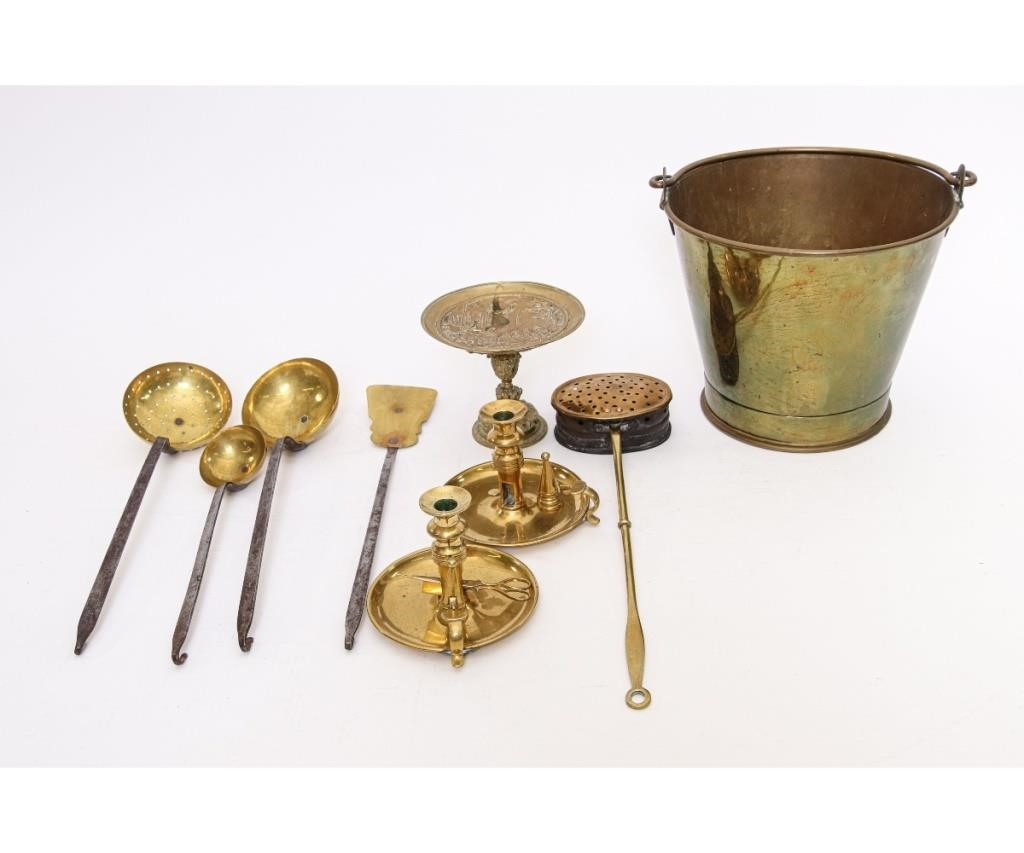 Brassware to include a bucket 11 h two chambersticks 19th