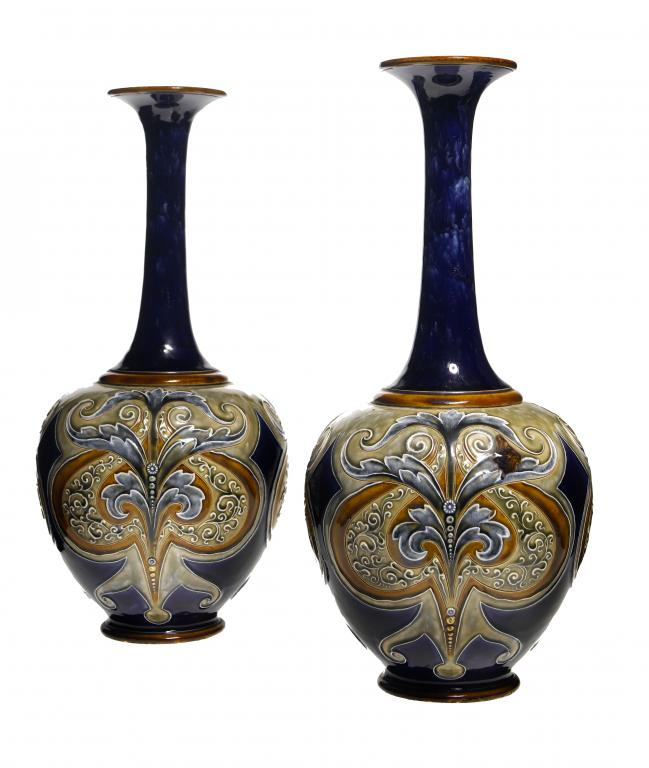 A PAIR OF DOULTON WARE ART NOUVEAU VASES BY ELIZA