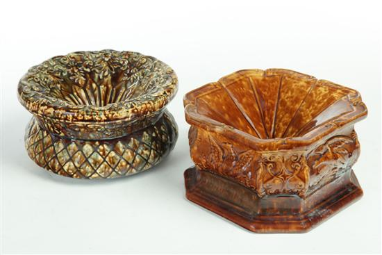 TWO ROCKINGHAM SPITTOONS Round spittoon with mottled brown and blue
