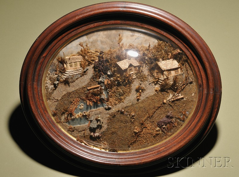 Framed Landscape with Peg Wooden Doll late 19th century oval