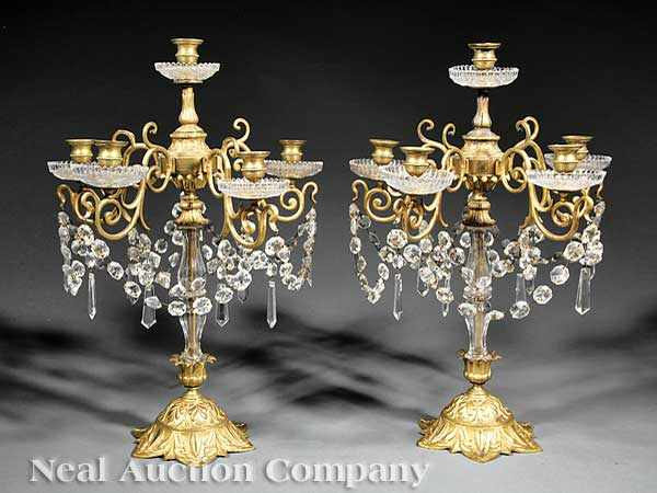 A Pair of Antique French Gilt Bronze and Cut Glass