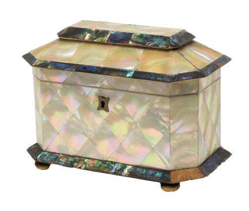 A George III mother of pearl veneered tea caddy with
