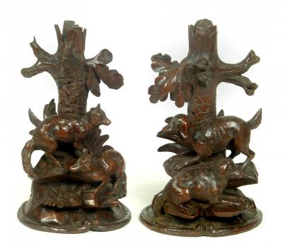 A PAIR OF BLACK FOREST SPILL VASES 19th century one