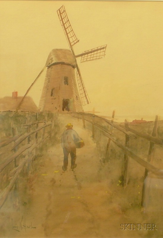 Framed Watercolor on Paper board Landscape with a Man Headed