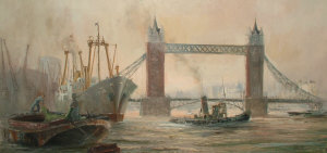 John late 20th century Tower bridge and the Thames oil
