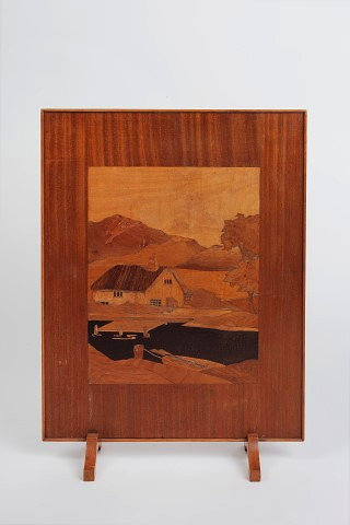 Rowley Gallery attributed to Cottage and River firescreenmarquetry panel inset
