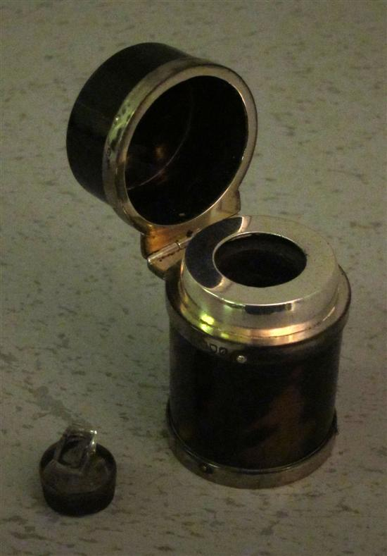 Late Victorian tortoiseshell and silver mounted travelling inkwell of cylindrical