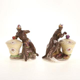 Pr Nymphenberg blackamoor porcelain sweetmeat jars Pr Nymphenberg blackamoor porcelain