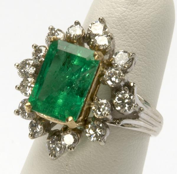 EMERALD DIAMOND RING 14k wg and yg ca 1960 Rectangular