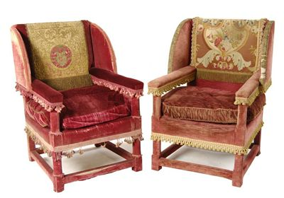 Two Velvet covered open armchairs in James I style each