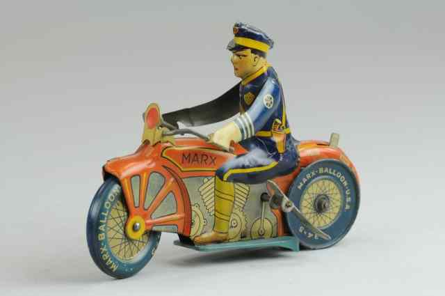 MARX POLICEMAN MOTORCYCLE Lithographed tin key wind up on sides