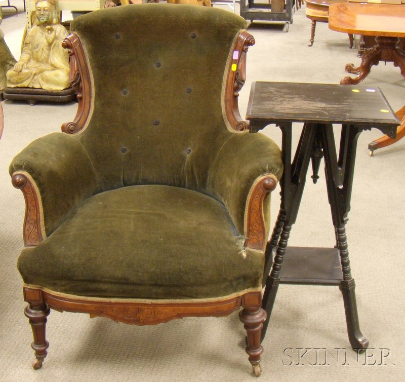 Victorian Renaissance Revival Upholstered Carved Walnut Parlor Armchair and an